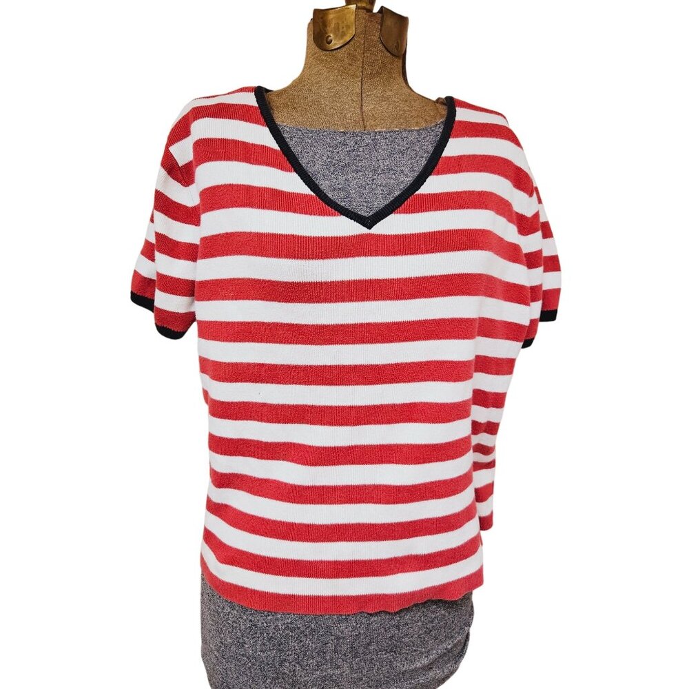 Striped Red and White V-Neck Women's Sweater